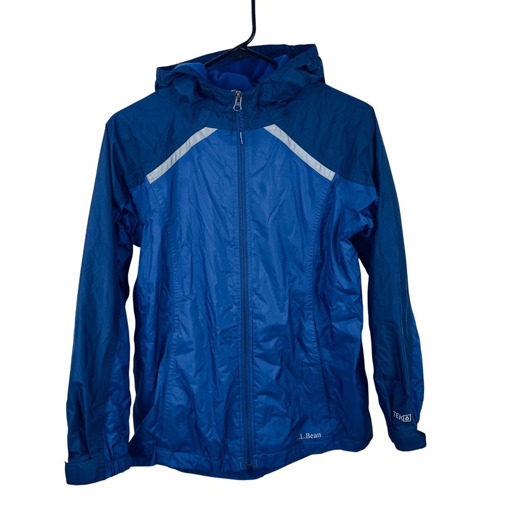 LL Bean Kids Blue TEK Hooded Fleece Lined Rain Jacket Large 14-16